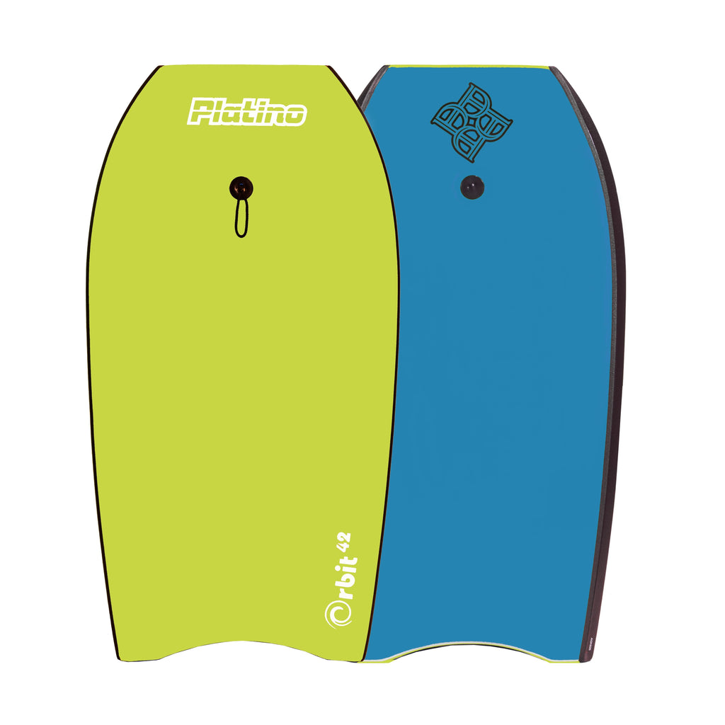 Platino Orbit 42 Inch bodyboard in Apple Green Azure Blue Lime colourway with leash available online or instore at Freeride Surf Skate, Auckland. Shop Platino bodyboards and softboards