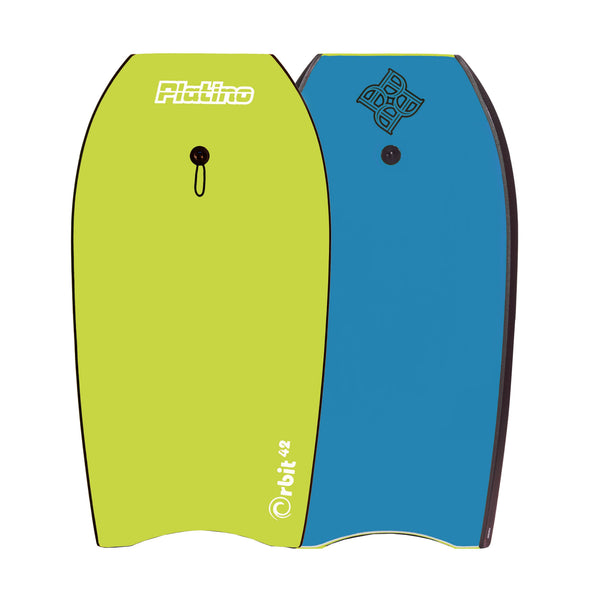 Platino Orbit 42 Inch bodyboard in Apple Green Azure Blue Lime colourway with leash available online or instore at Freeride Surf Skate, Auckland. Shop Platino bodyboards and softboards