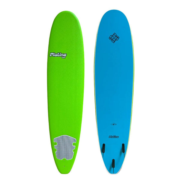 Platino 7ft 6inch Soft Top Softboard Apple Green Azure Blue. Shop Platino softtop softboards on line here at www.platinosoftboards.co.nz or view the full range in store at Freeride Surf Skate, Henderson, Auckland.
